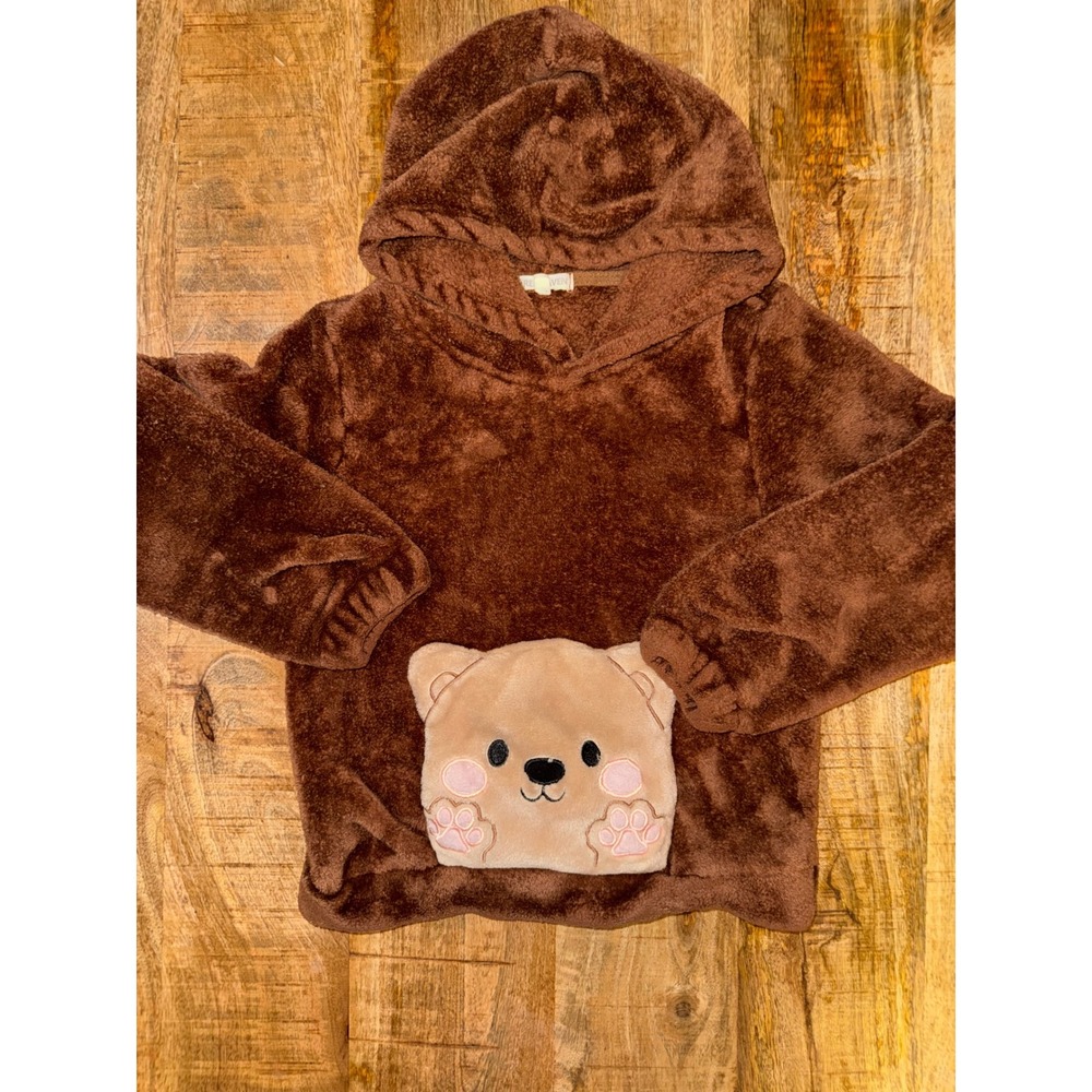 Free Haven Kids Brown Fuzzy Teddy Bear Fleece Hoodie Size 6 Plush Pocket